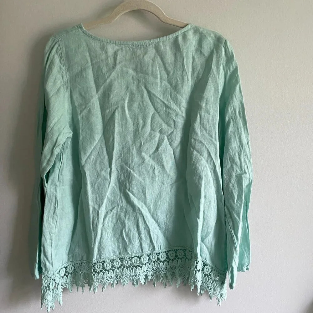 TERZO Millennio 100% Linen Oversized Long Sleeve Tunic Blouse with Lace Size M - Picture 2 of 10